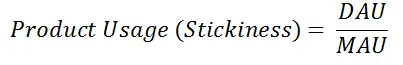 Product Usage (Stickiness) equation showing DAU over MAU ratio.