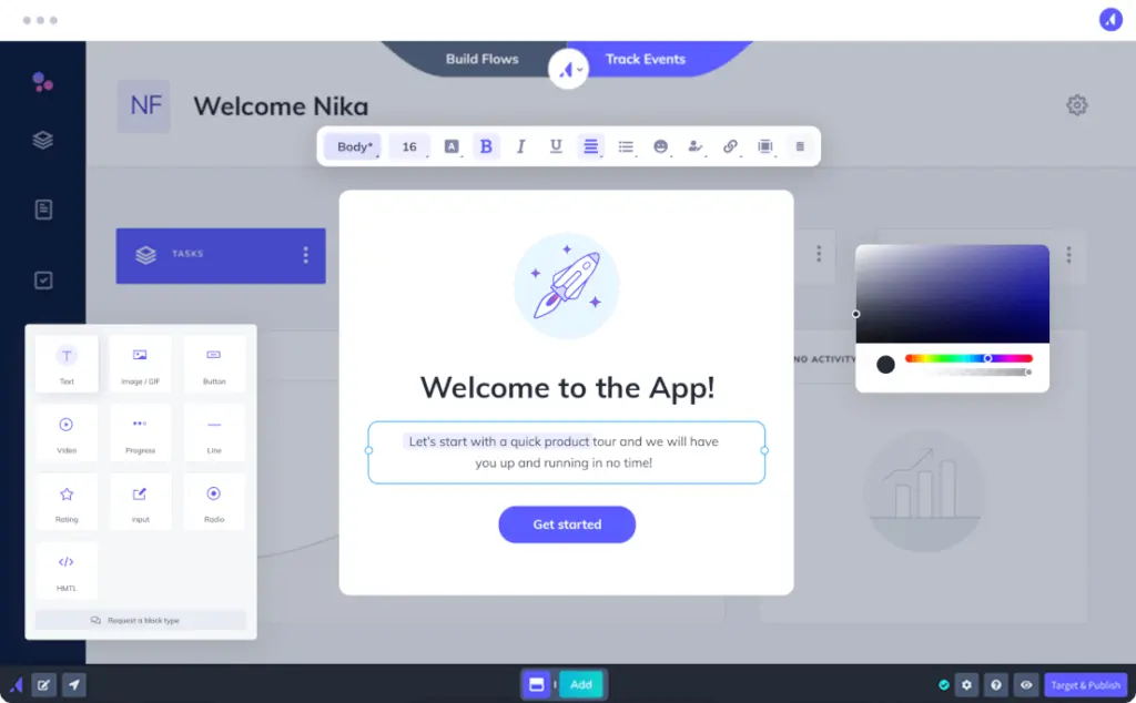 Appcues builder showing a welcome flow for user onboarding.