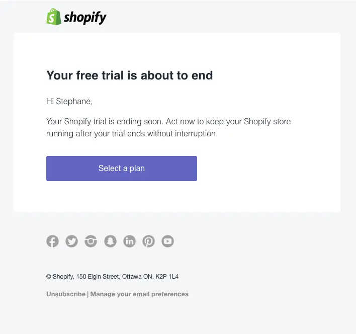 Shopify trial expiration notification urging action to select a plan.