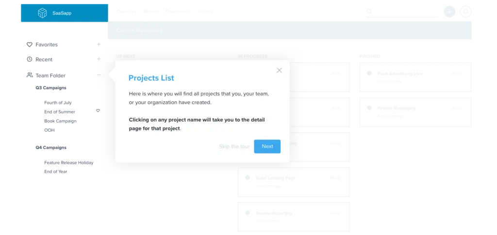 SaaSapp project management interface showing a projects list with navigation guide.