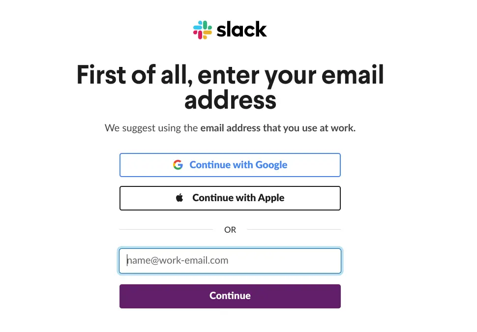 Slack sign-up screen prompting for email address.