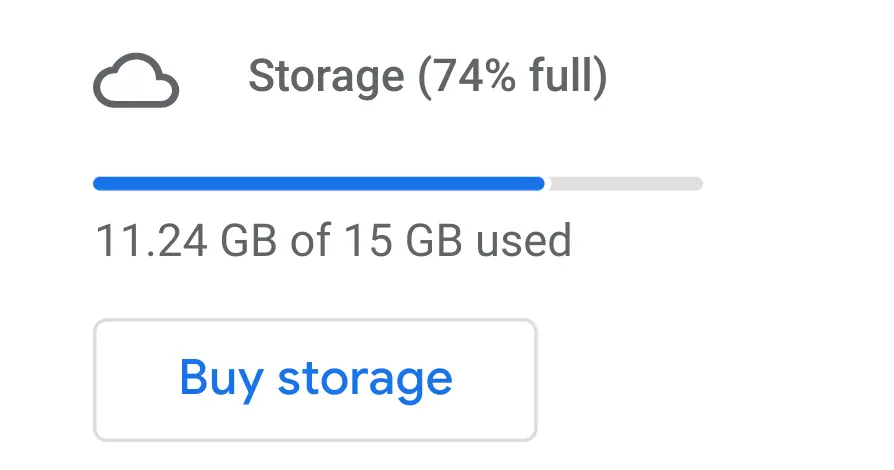 Google Drive storage usage showing 11.24 GB of 15 GB used.