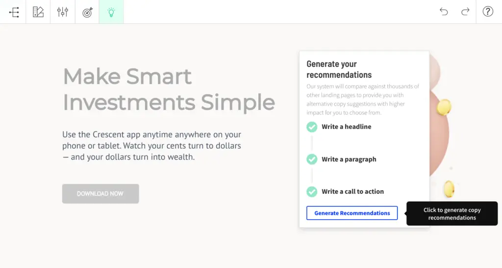 Crescent app showing copy recommendations for landing page elements.