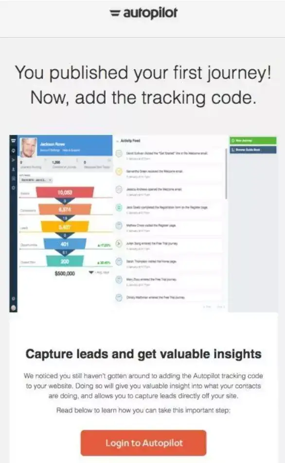 Autopilot interface showing activity feed and tracking code integration steps.