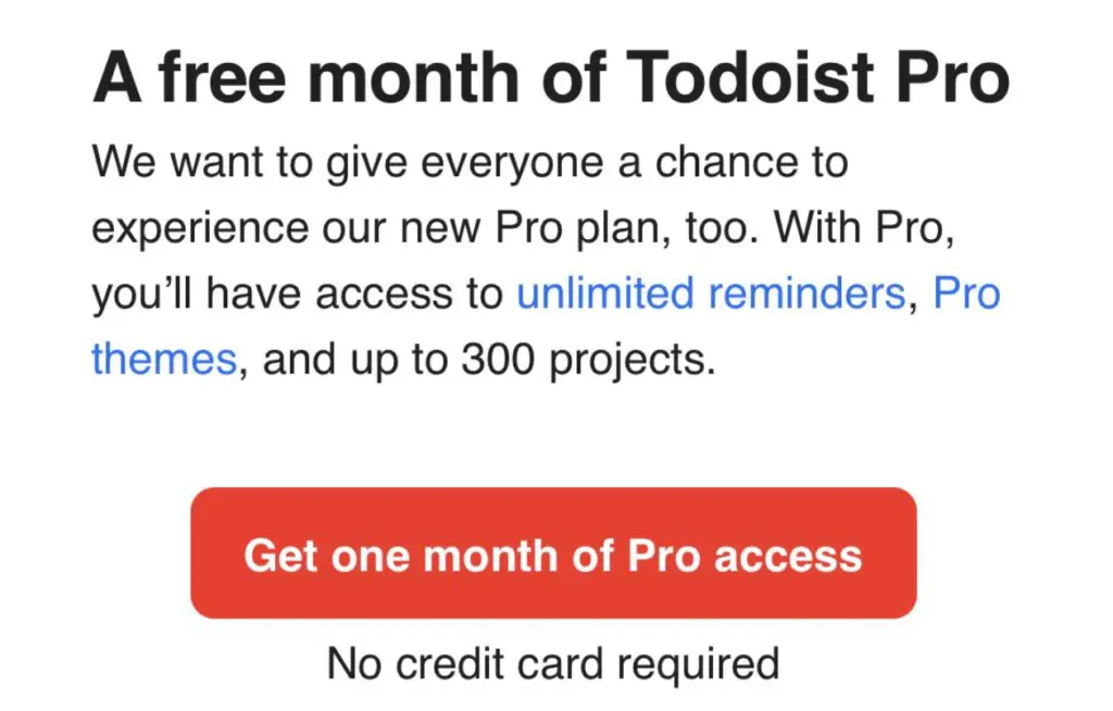 Todoist Pro promotional offer for a free month of access.