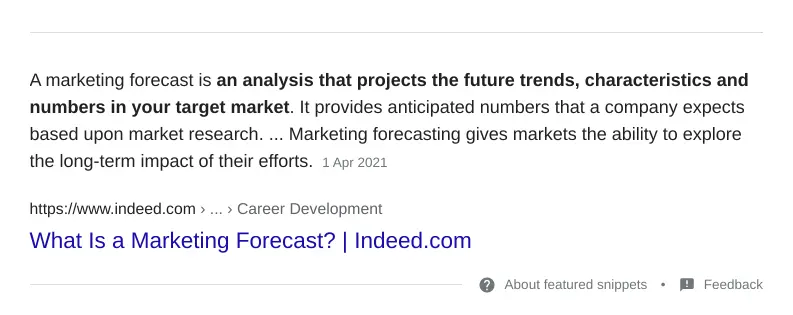 Indeed.com featured snippet showing a definition of marketing forecasting.