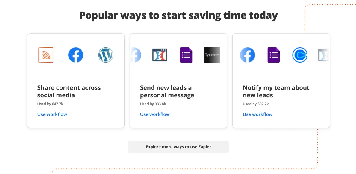 Zapier workflows showcasing popular ways to save time by automating tasks.