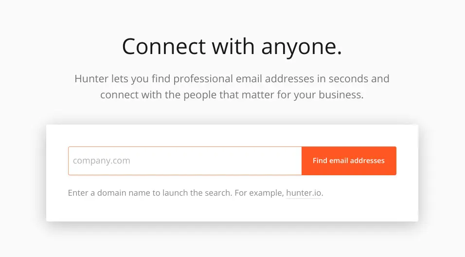 Hunter interface showing domain search for finding email addresses.