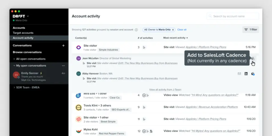 SalesLoft account activity showing engagement metrics and user interactions.