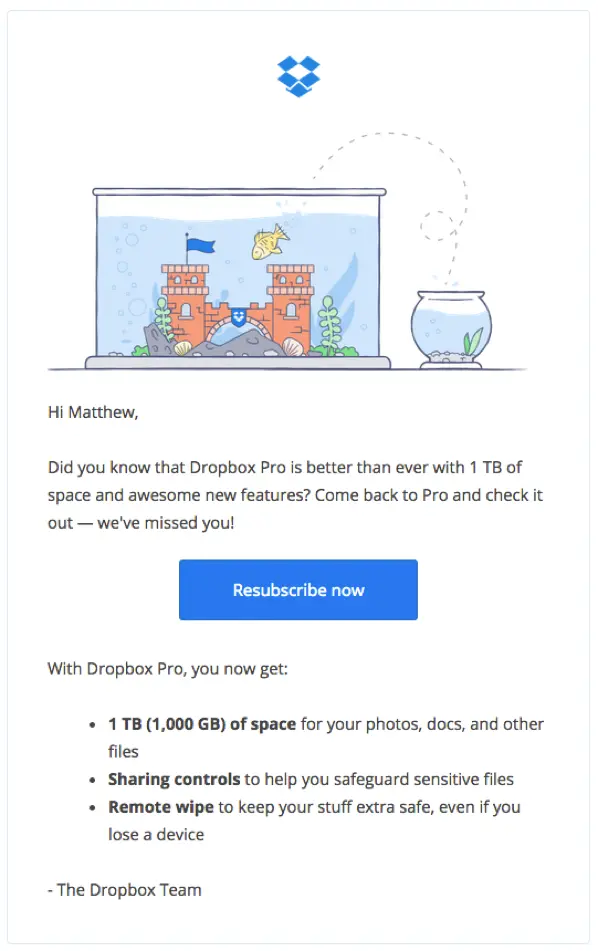 Dropbox email promoting new features and benefits of the Pro plan.
