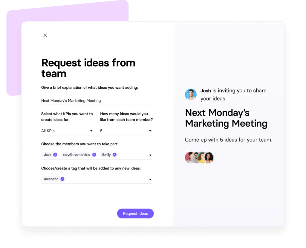 Request ideas interface showing team members, KPIs, and idea submissions.