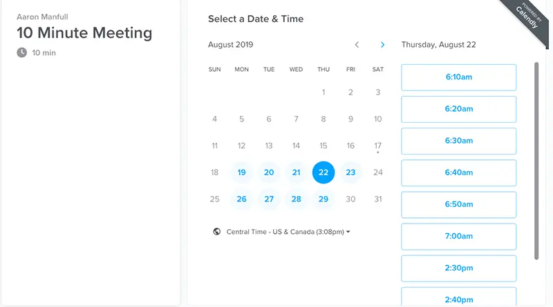 Calendly scheduling interface displaying available meeting times.