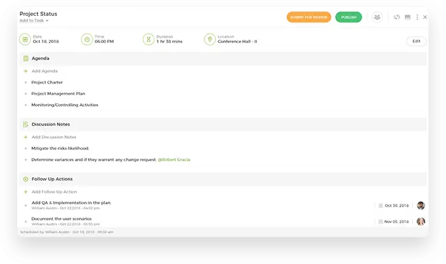 Airtable project status dashboard showing meeting details and action items.