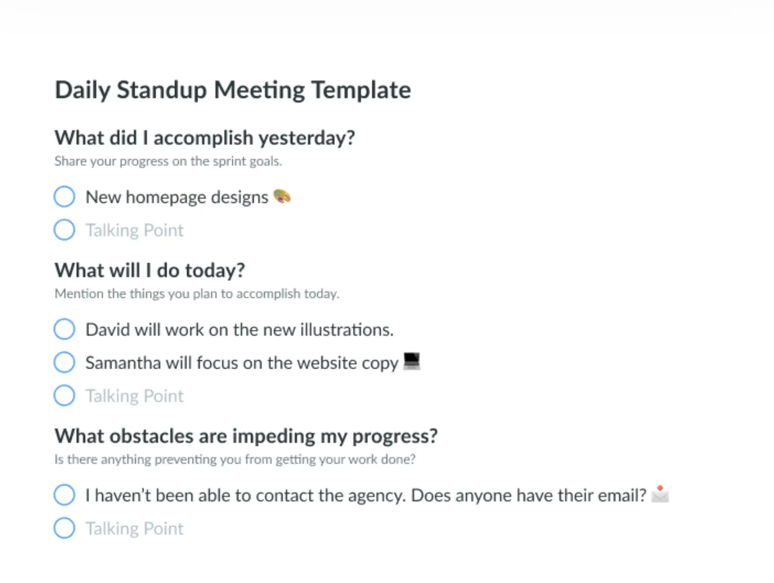 Daily Standup Meeting Template showing agenda items and progress update prompts.