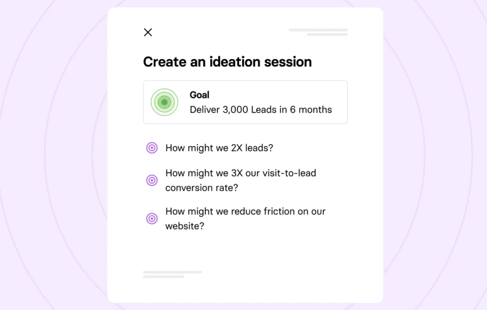 TrueNorth ideation session showing lead generation goals and questions.
