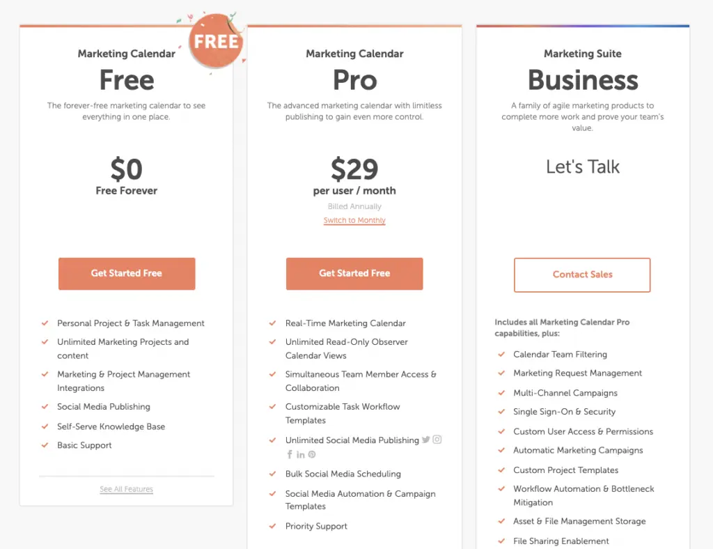 SocialBee screenshot showing features of the Marketing Calendar plans.