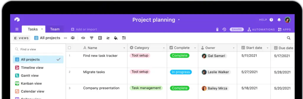 Airtable project planning interface showing task categories and completion statuses.