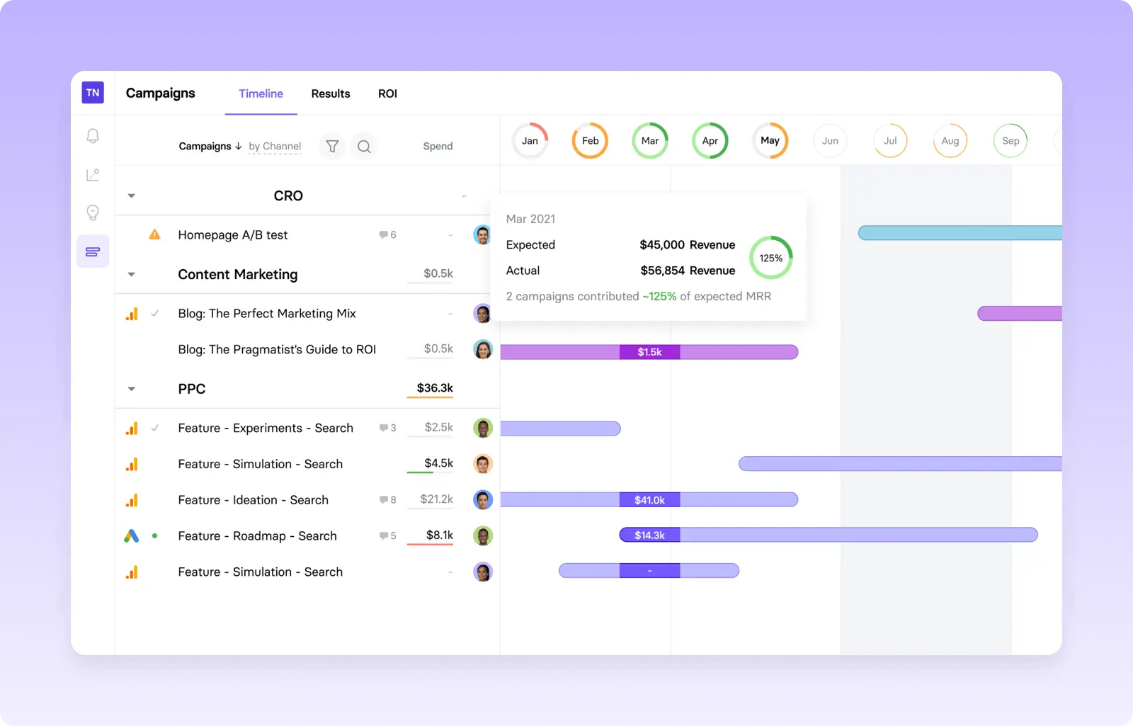 proj-ro-exec showing a timeline of marketing campaigns with expected and actual revenue.