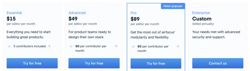 Screenshot of airfocus' pricing details