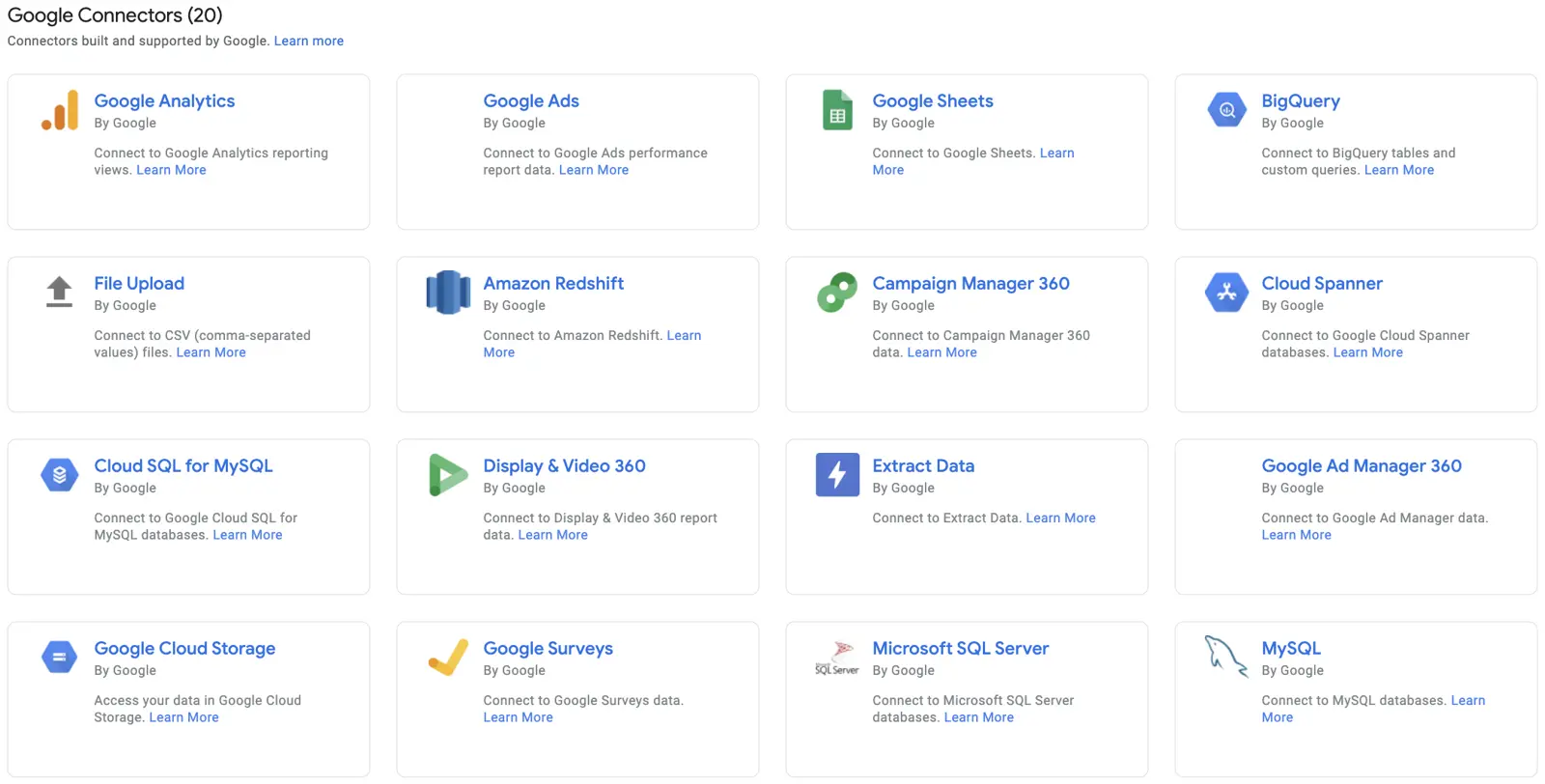 Screenshot showing some of the Data Studio connectors available for third-party data sources