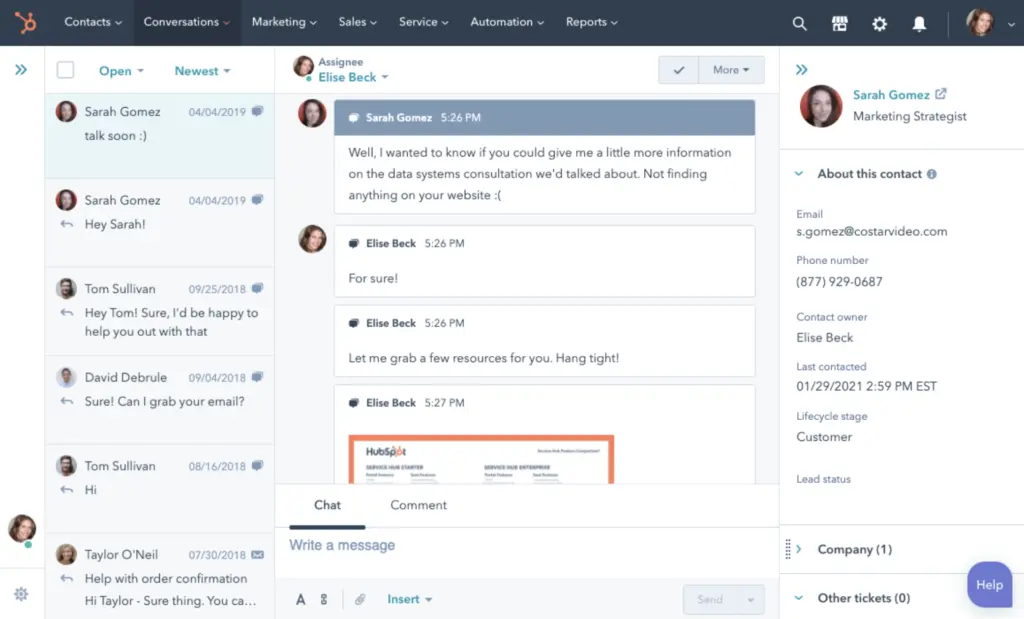 Screenshot of HubSpot software