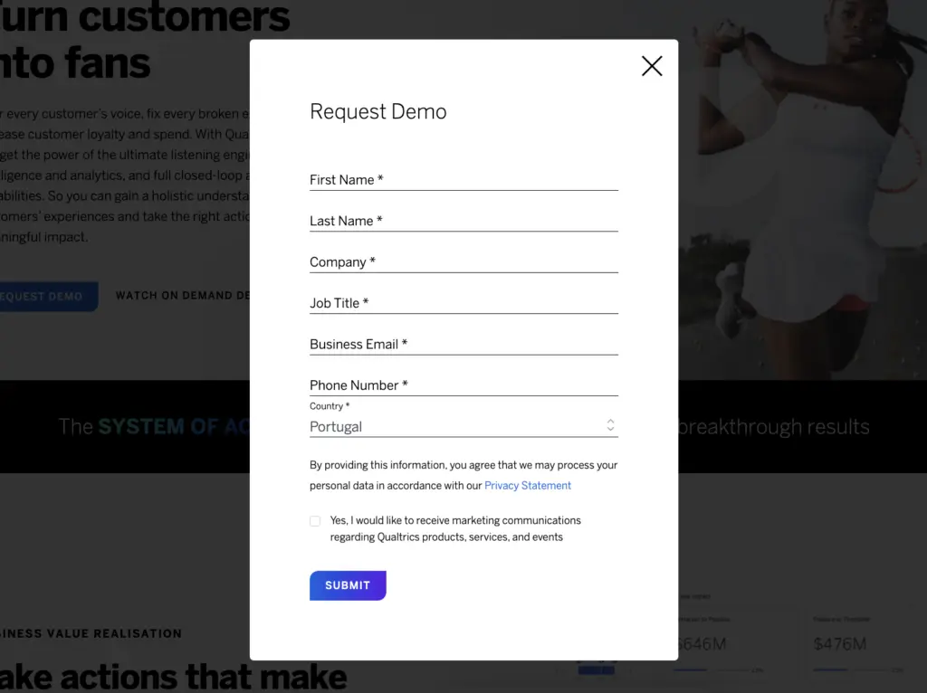 Screenshot of Qualtrics enquiry form