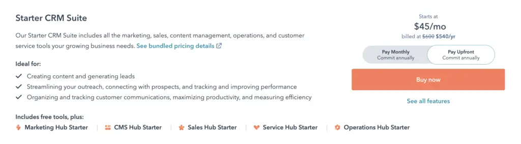 Screenshot of HubSpot pricing