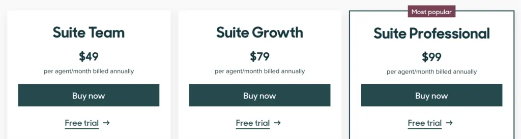 Screenshot of Zendesk pricing
