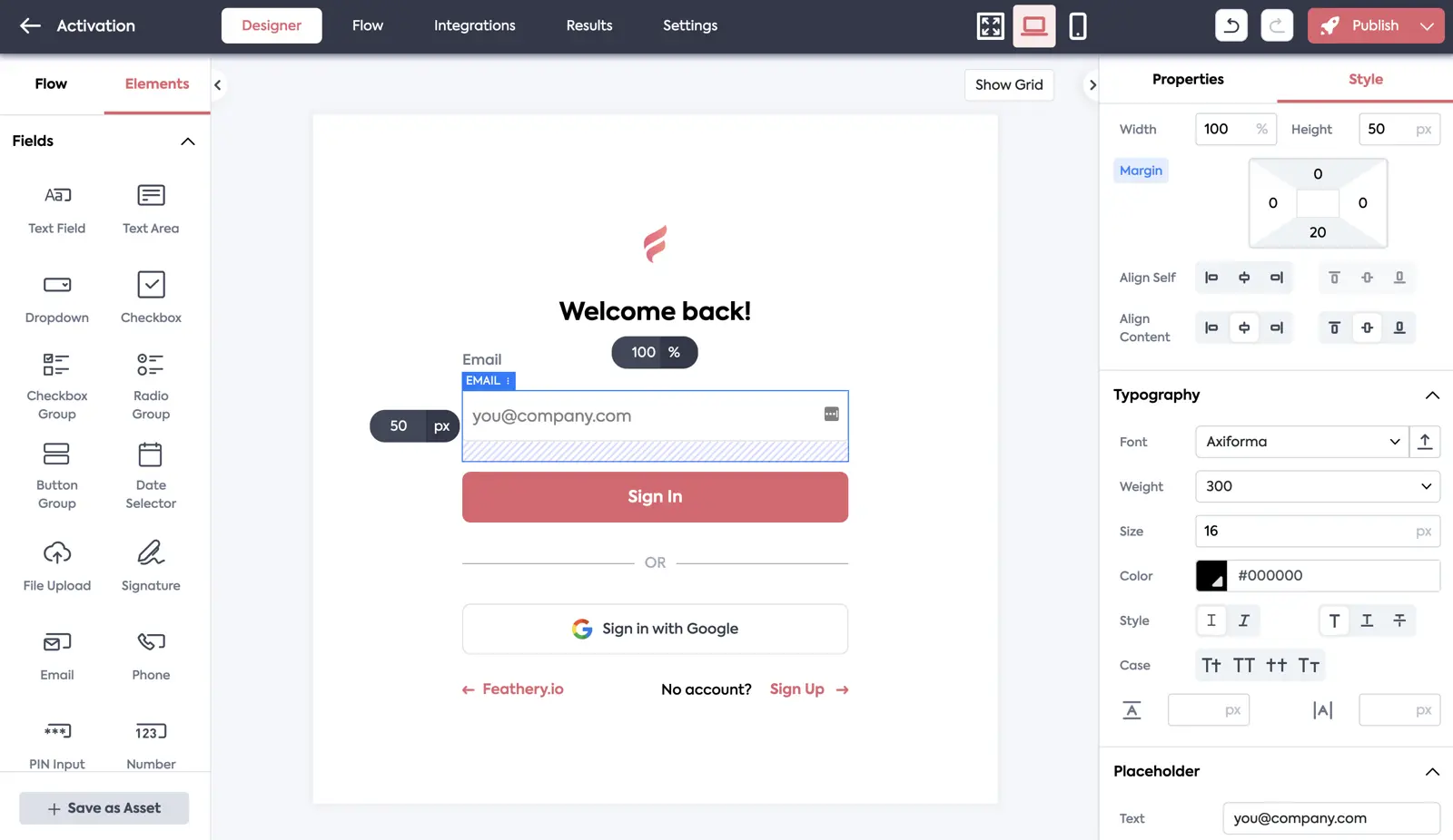 Feathery form builder interface displaying a sign-in form.