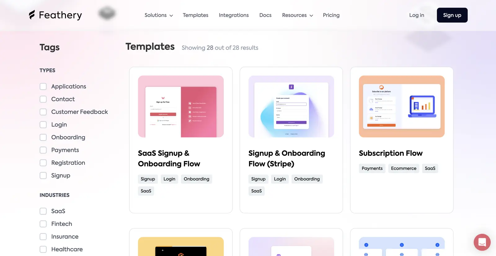 Feathery template selection interface showing various onboarding flow options.