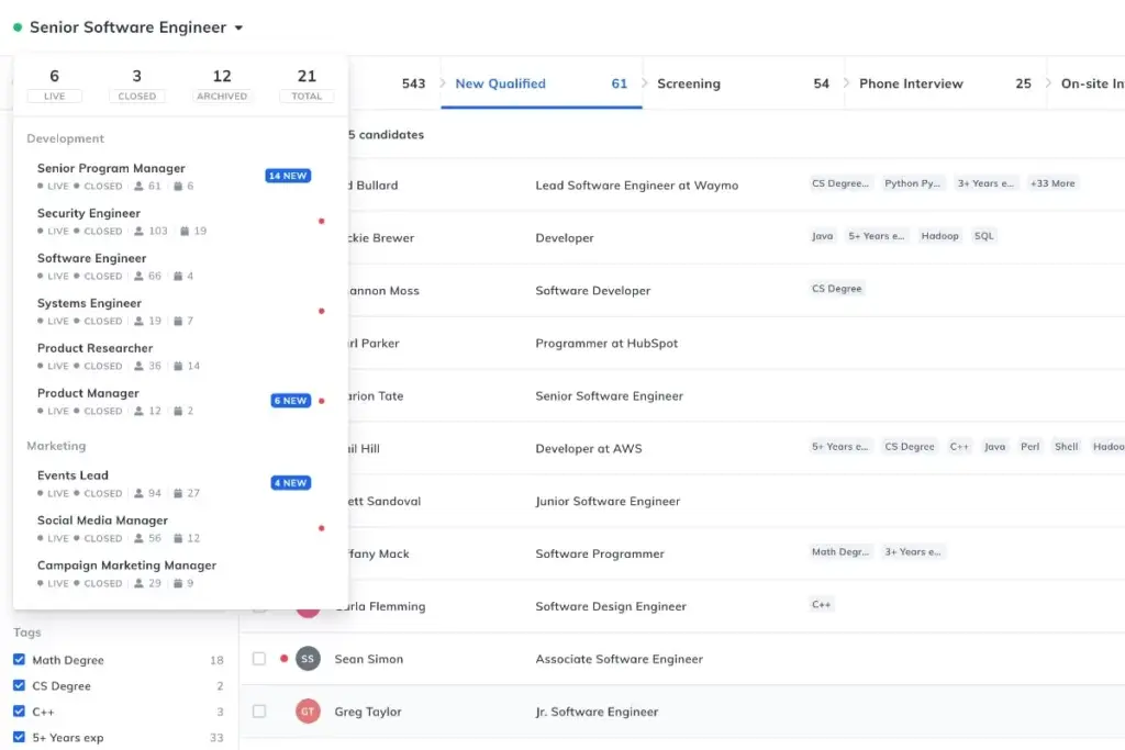GoHire job hiring interface showing candidate ratings and scores.