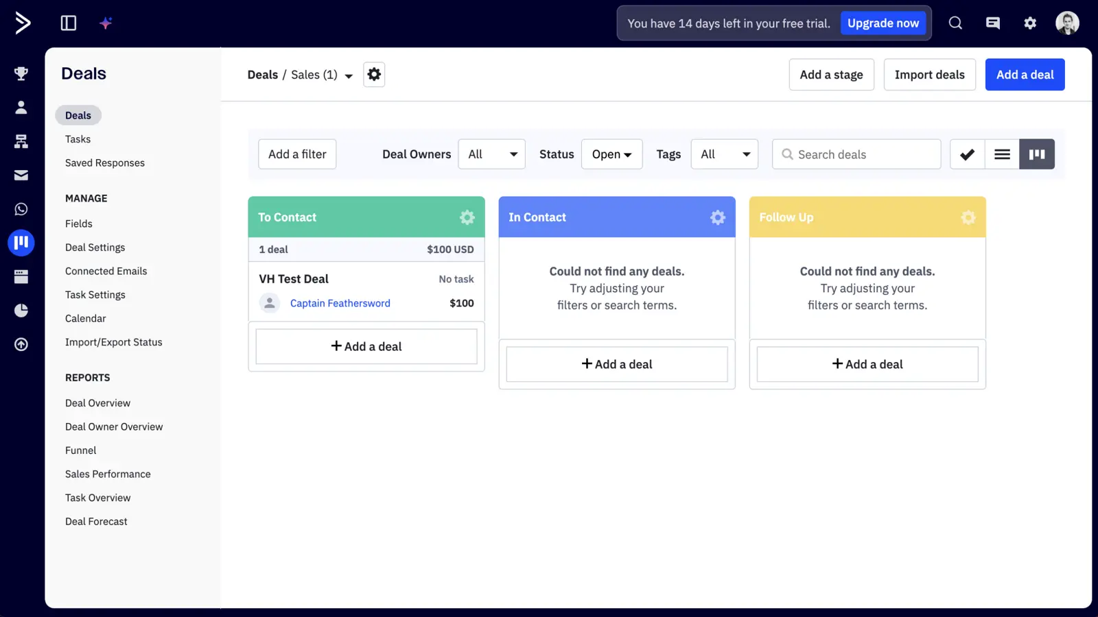 ActiveCampaign CRM interface displaying deal management features.