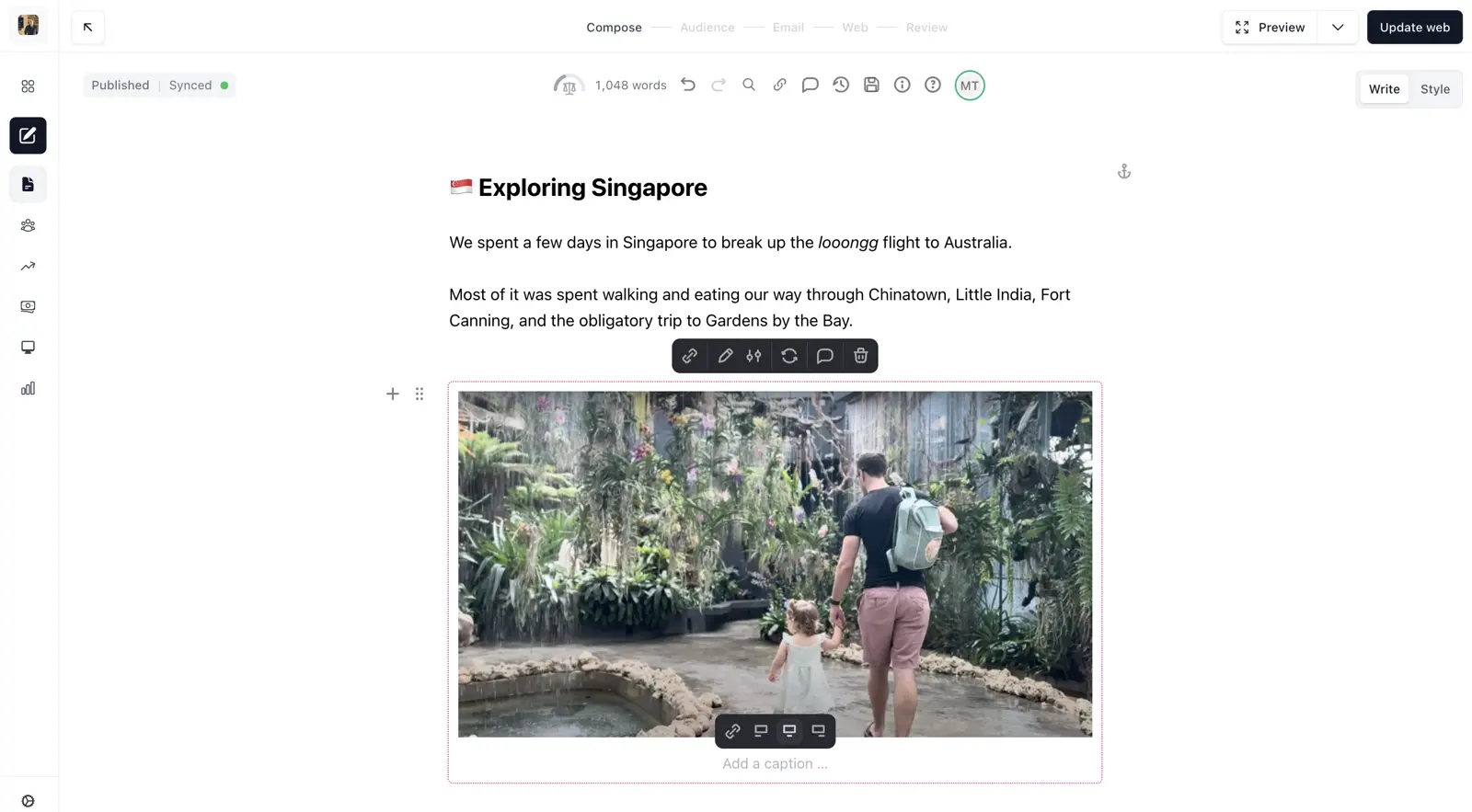 Beehiiv's newsletter composer showing the clean, distraction-free writing interface with formatting tools and preview