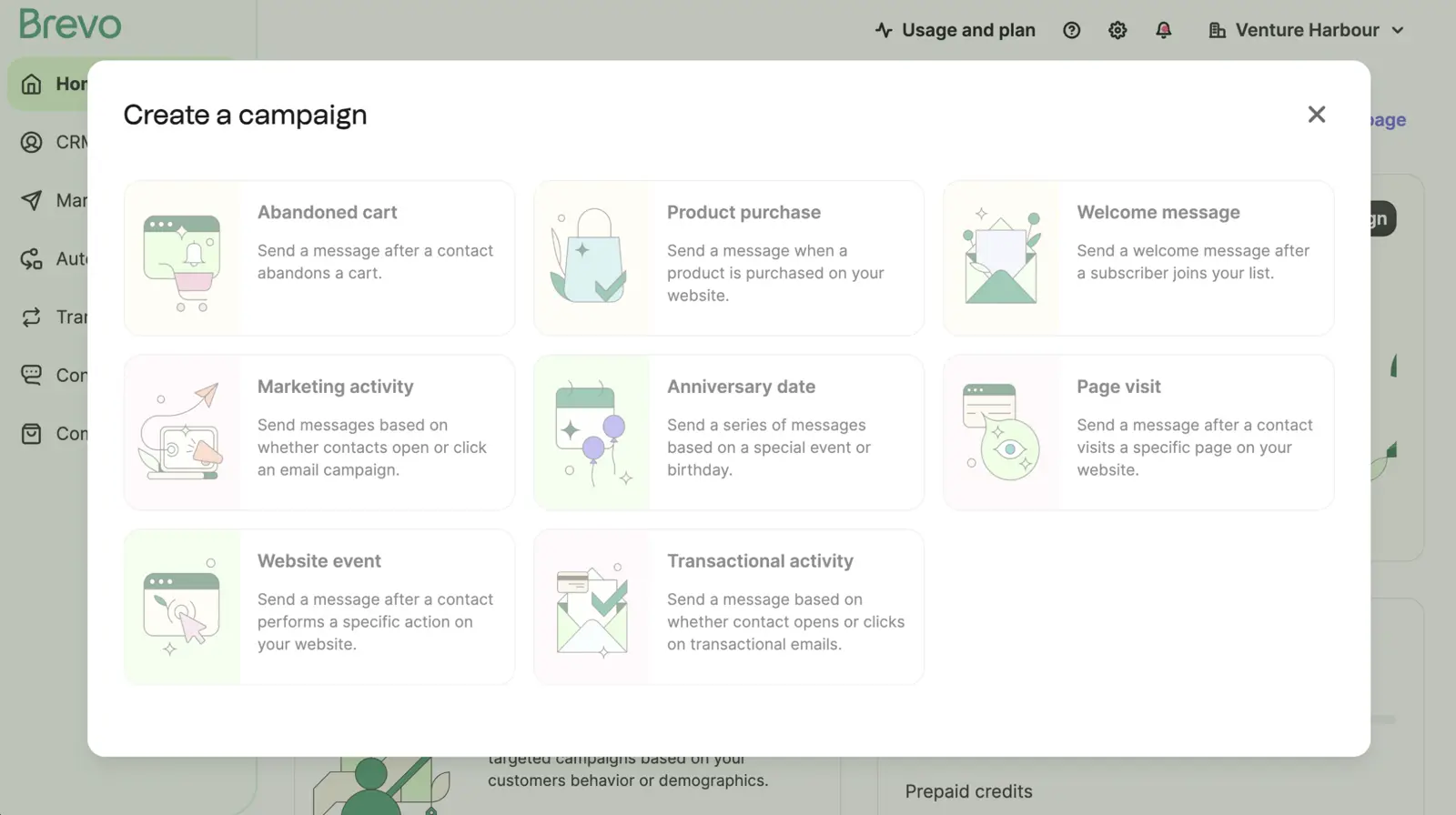 Brevo campaign creation options displaying various automated triggers.