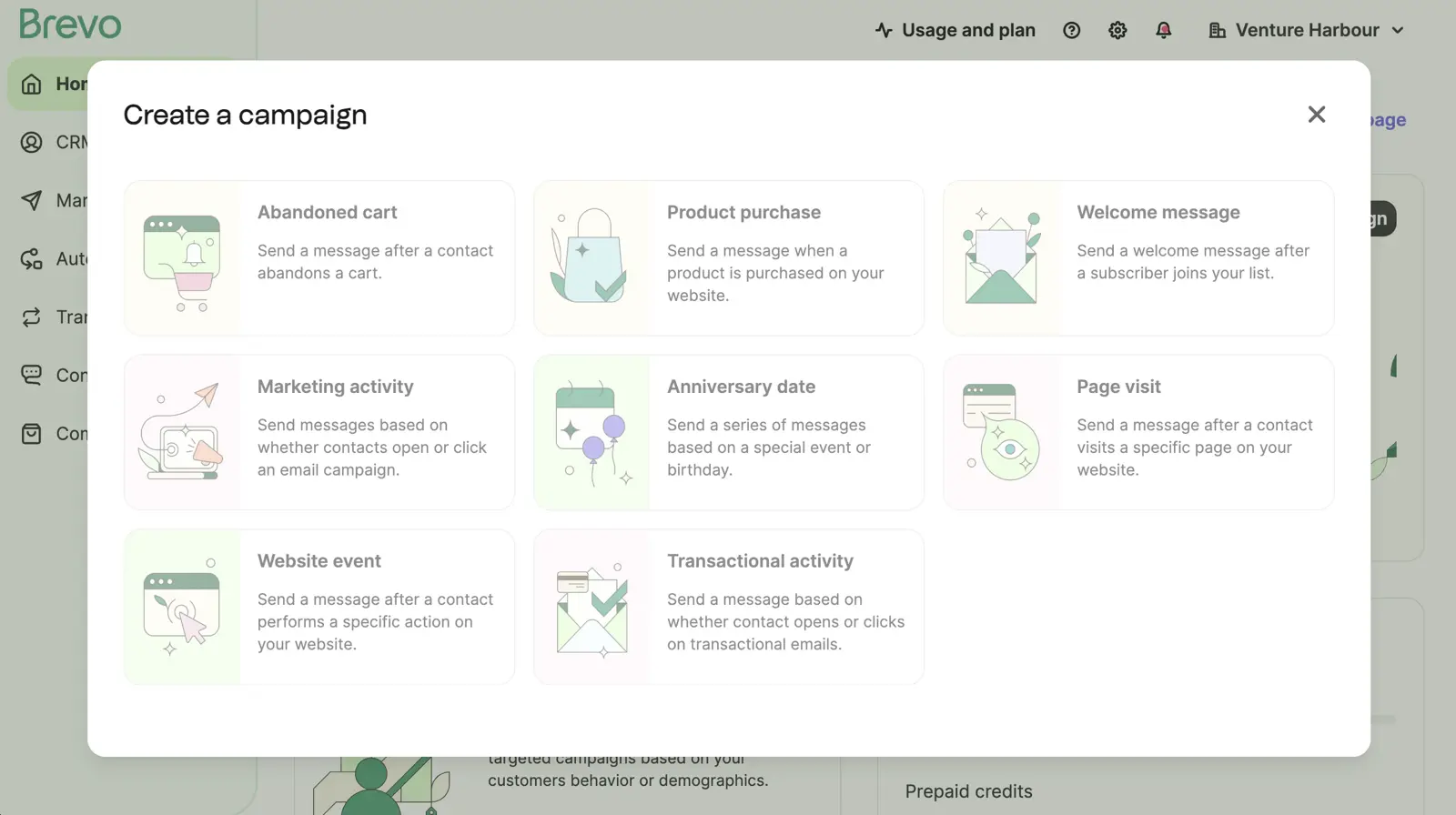 Brevo's automation workflow template library showing pre-built sequences for welcome emails, abandoned carts, and re-engagement campaigns