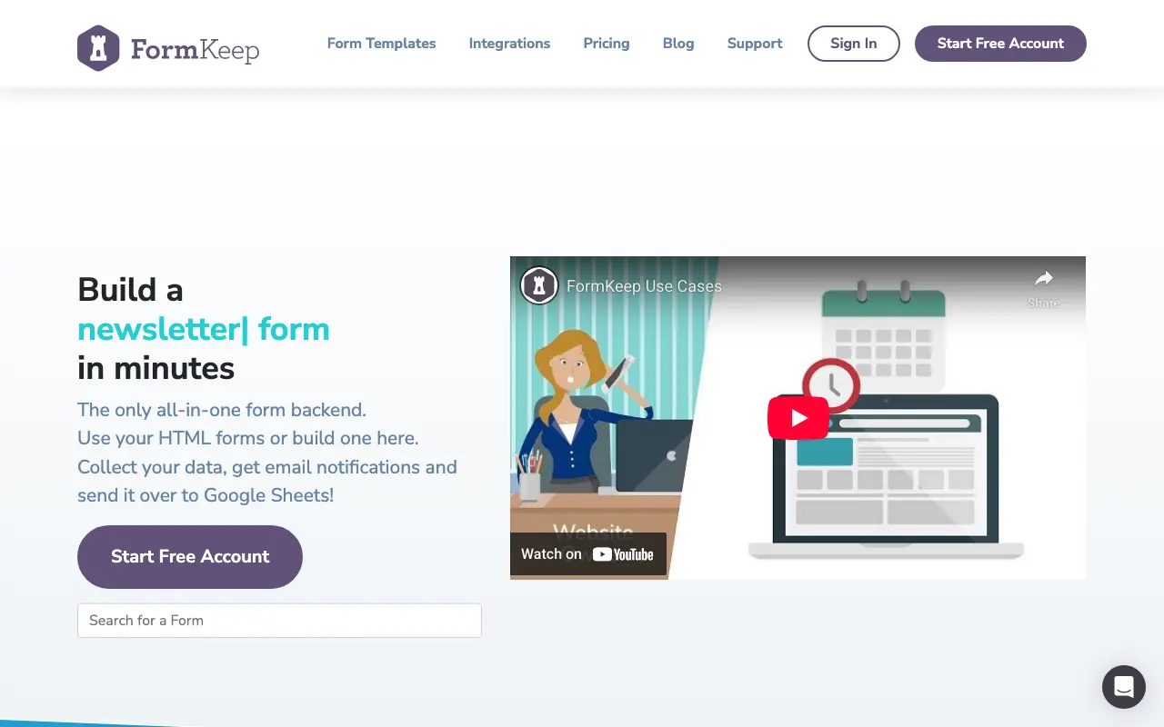FormKeep homepage showcasing form creation features.