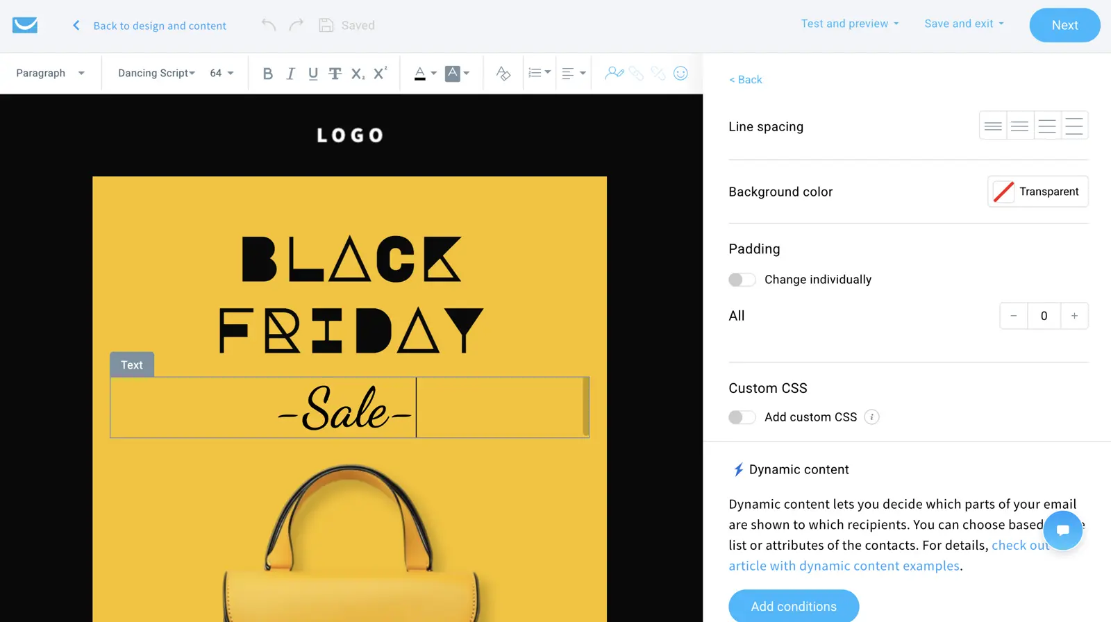 GetResponse's email designer interface showing template editing with drag-and-drop content blocks