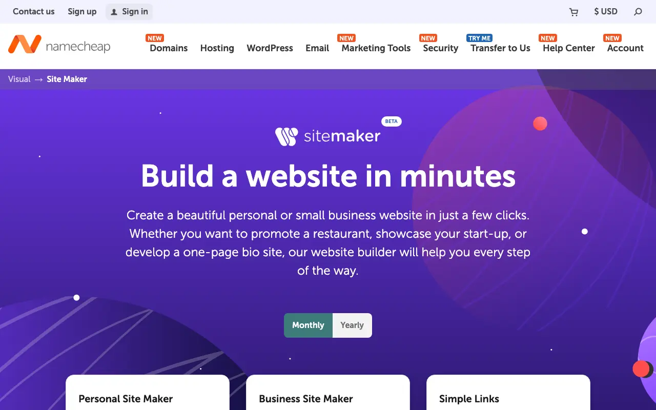Namecheap Site Maker homepage showcasing website building features.