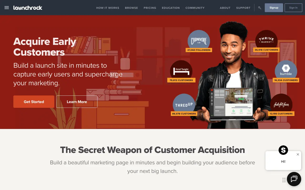 Launchrock homepage showcasing customer acquisition features.