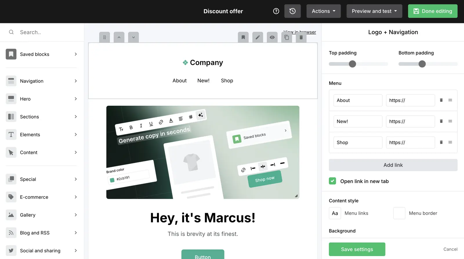 MailerLite's drag-and-drop email designer with content blocks, image uploads, and responsive preview