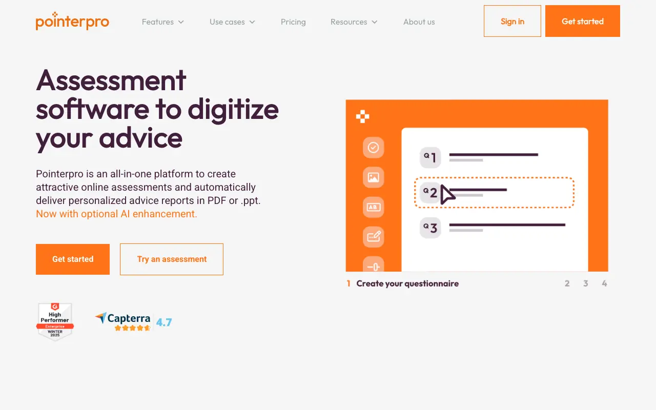 Pointerpro assessment software displaying an interactive questionnaire creation tool.