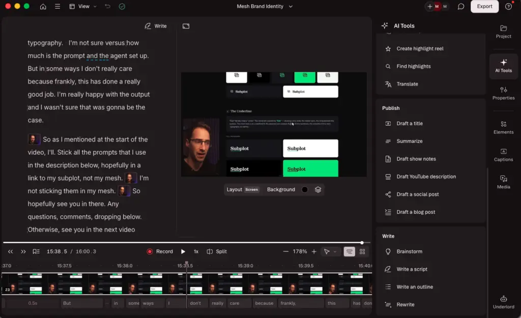 Descript showing video editing interface with audio and text overlays.