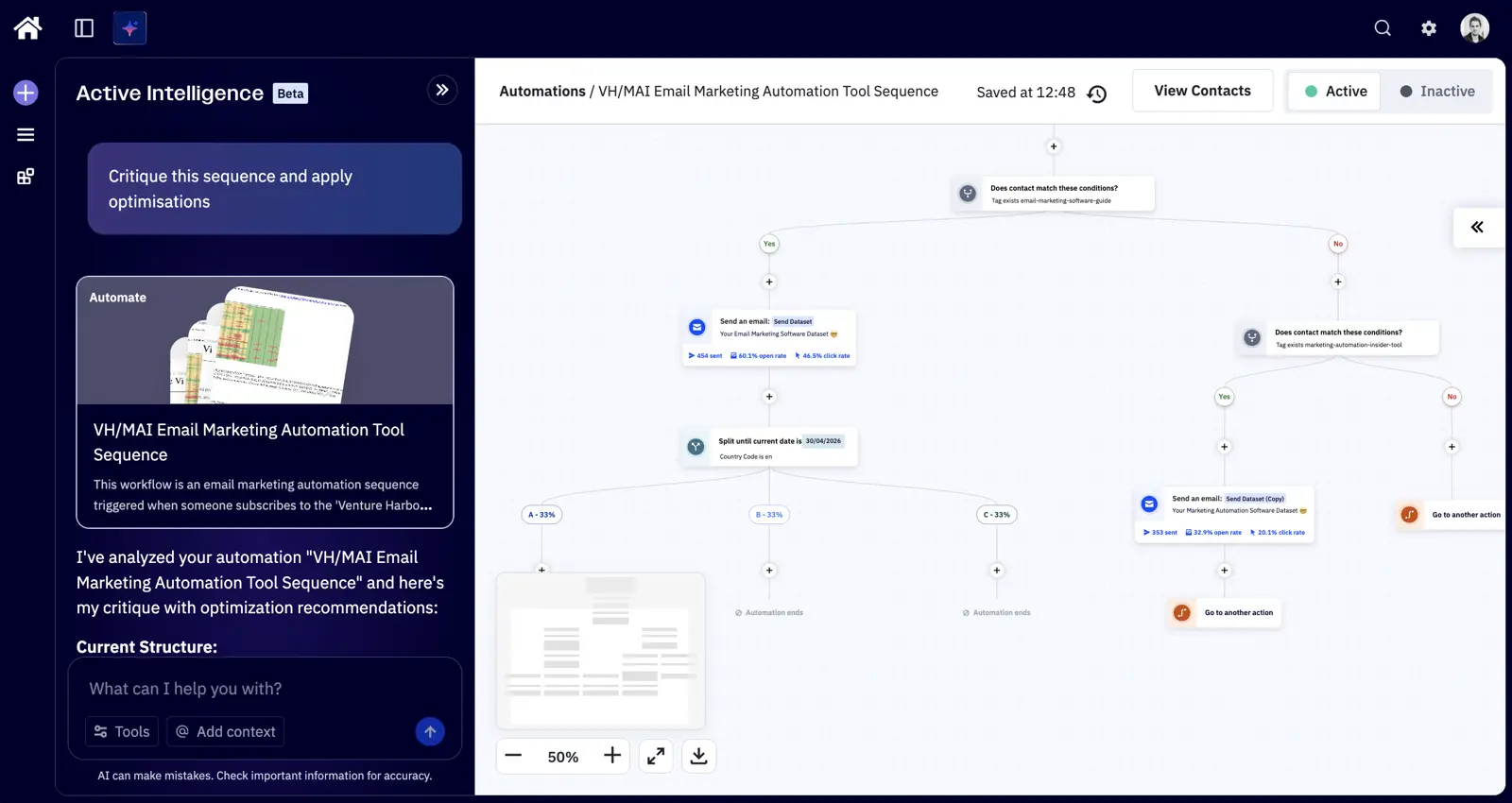 ActiveCampaign Active Intelligence dashboard surfacing AI-driven campaign insights and recommended next actions.