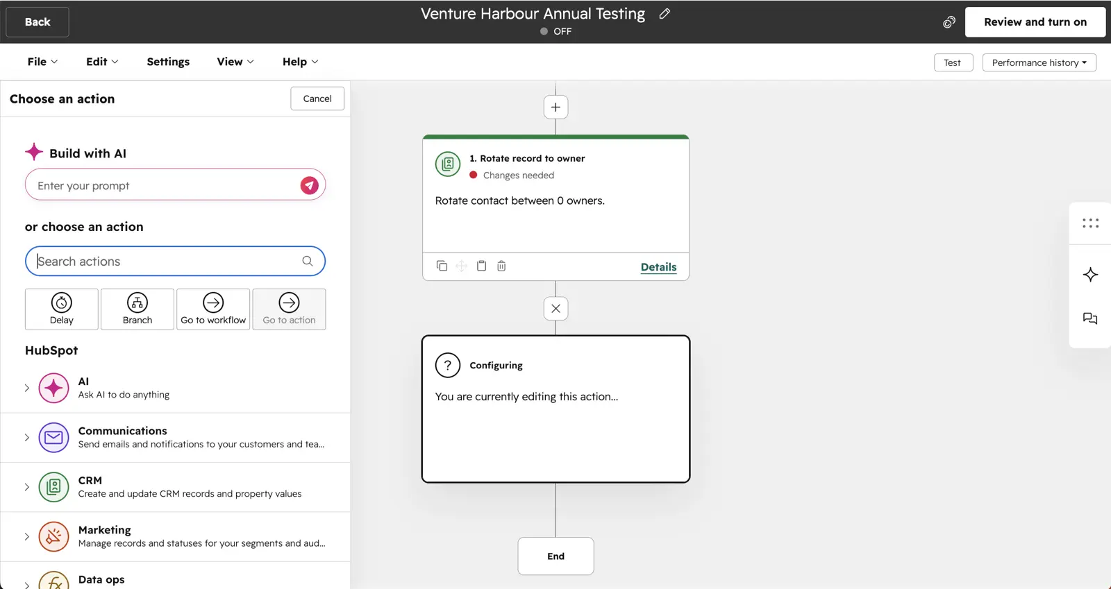 HubSpot workflow builder showing a Rotate-record-to-owner action with AI-agent branch options