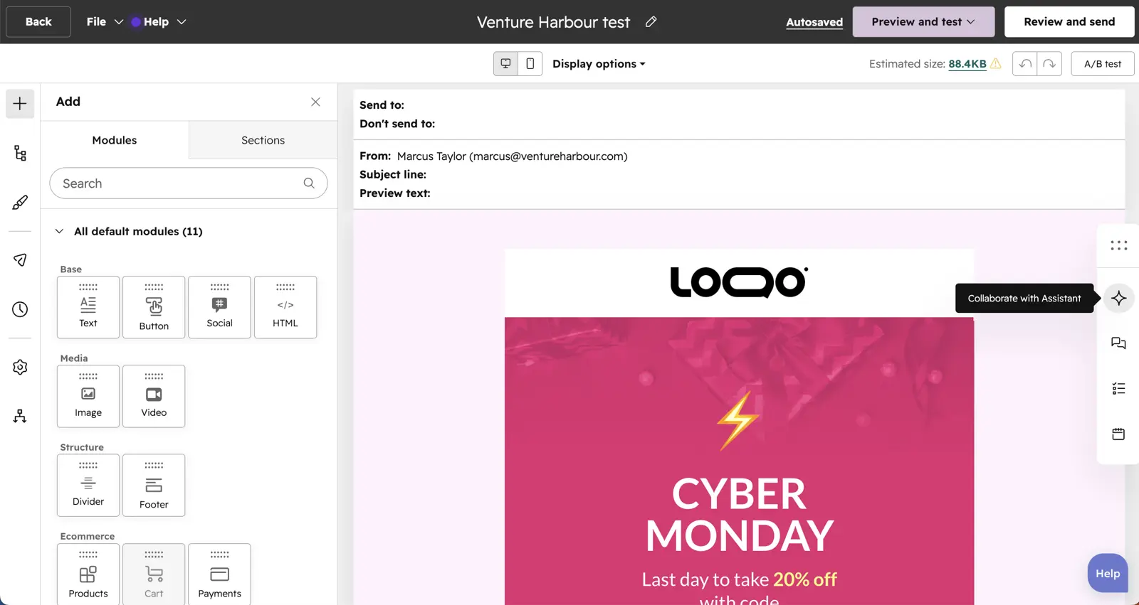 HubSpot campaign builder showing the assets, audience and scheduling steps for a multi-channel campaign