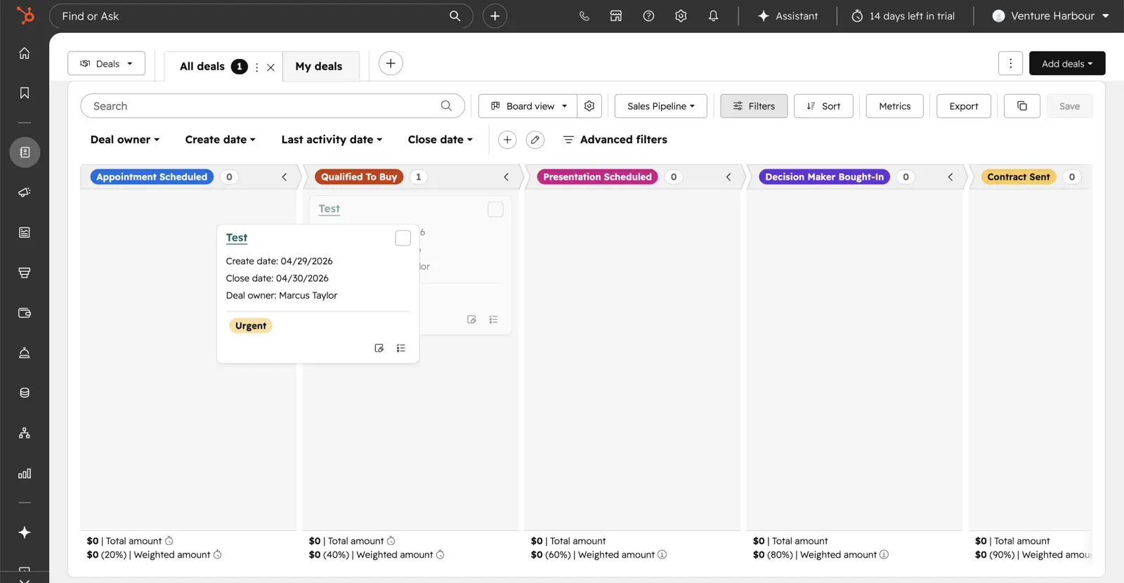 HubSpot Smart CRM showing contact record with activity timeline, deal pipeline and Breeze-powered enrichment