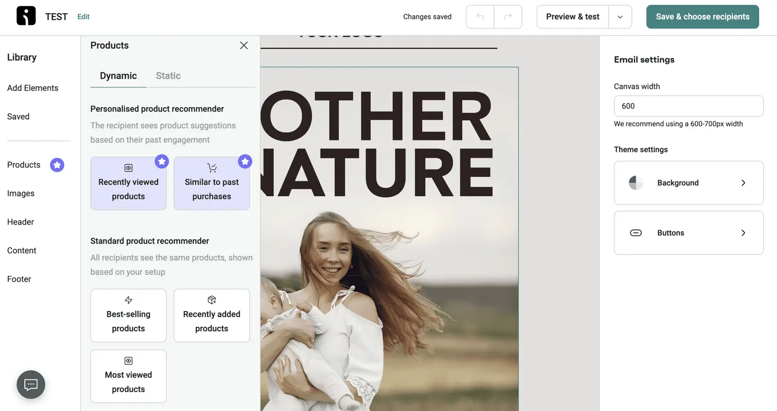 Omnisend's email campaign editor showing dynamic product recommendation blocks pulled from a connected store