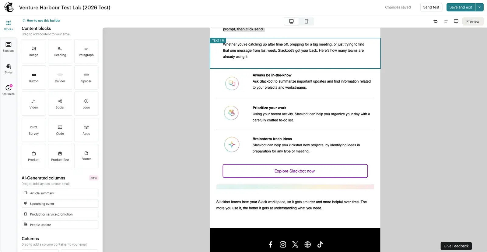 Mailchimp's email builder showing a rebuilt Slackbot campaign with content blocks and the selected text panel.