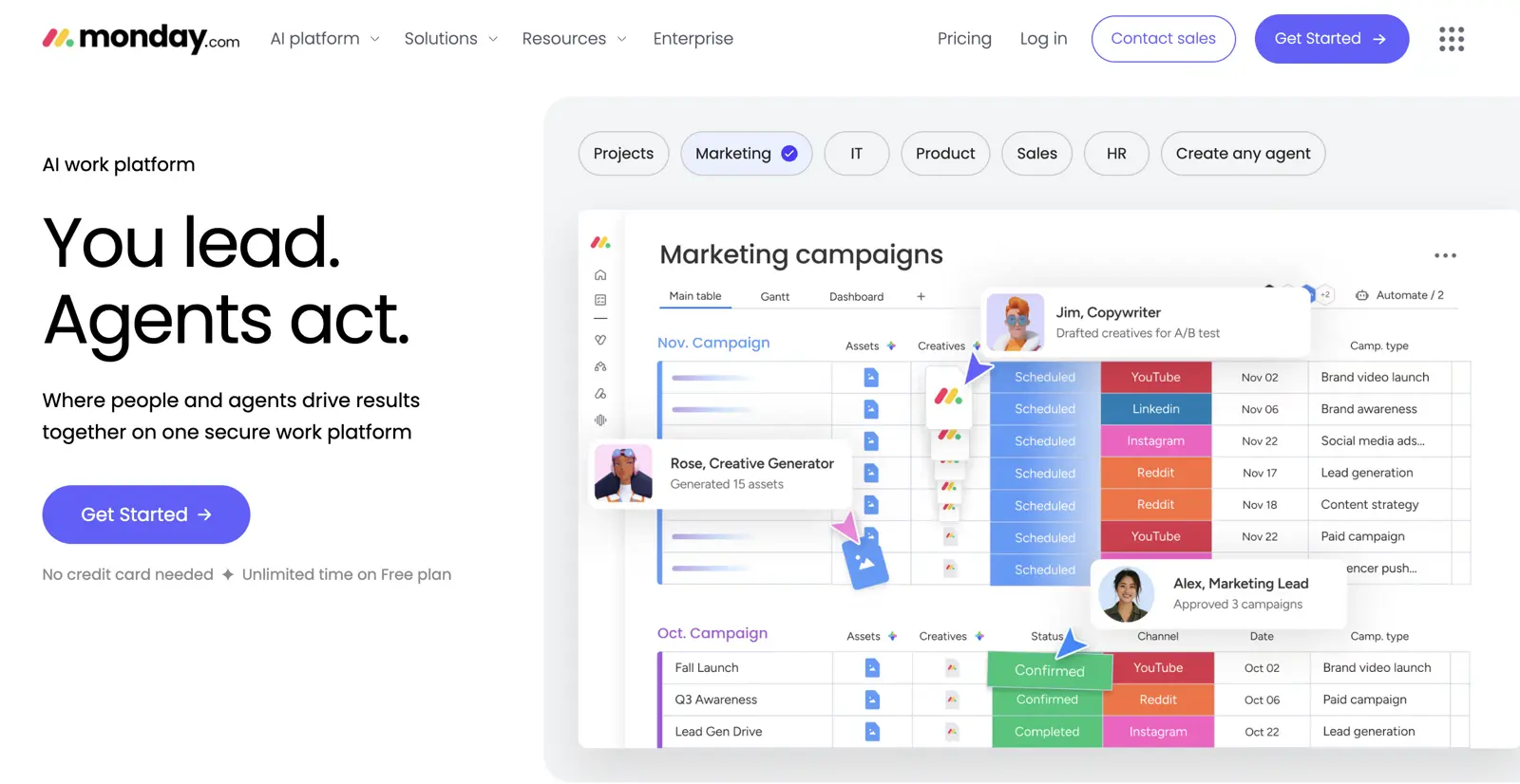 monday.com's AI work platform showing a marketing campaigns board where AI agents draft A/B test creatives and generate assets across YouTube, LinkedIn, Instagram and Reddit, under the tagline "You lead. Agents act."