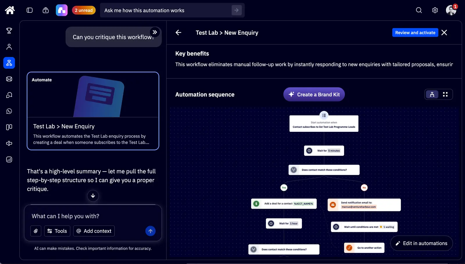 ActiveCampaign's AI chat beside our Test Lab enquiry automation, with a request to critique the workflow